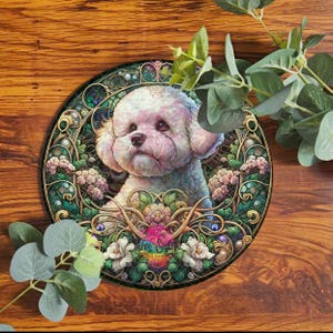 Bichon Frise Metal Plaque,Imitation Stained Glass Dog Sign, Pet Wall Art, Indoor Outdoor Garden Decor, Dog Lover Gift