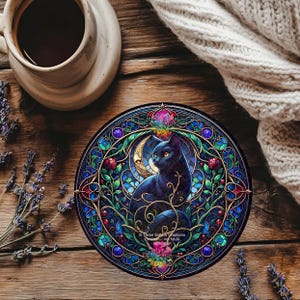 May include: A round coaster with a stained-glass design featuring a black cat, a crescent moon, and floral elements. The coaster has a dark blue border with jewel-toned accents. A cup of coffee and a white sweater are in the background.