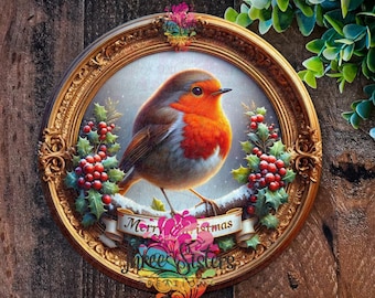 Robin Christmas Wreath Sign: Traditional Holiday Plaque