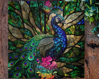 Peacock Wall Art Metal Sign, Faux Stained Glass Garden Plaque, Colourful Bird Door Decor