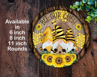 Bee Our Guest wreath sign Gnome sign, Wreath sign, Round Spring wreath sign, Summer wreath sign, Door wreath