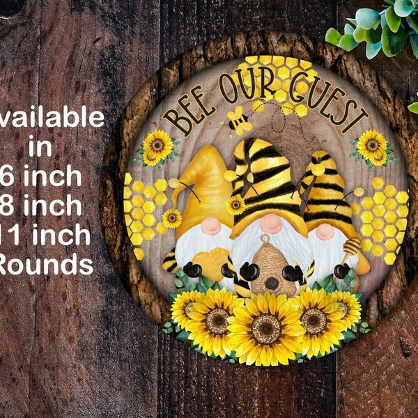 Bee Our Guest wreath sign Gnome sign, Wreath sign, Round Spring wreath sign, Summer wreath sign, Door wreath