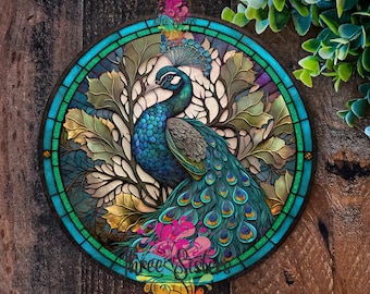 Peacock Sign: Metal Wreath Plaque,Faux Stained Glass Garden Decor