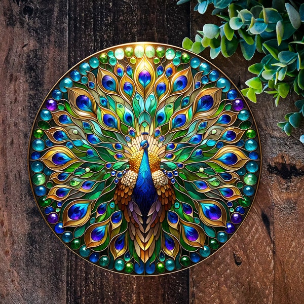 Panneau paon, paon en métal, panneau couronne de paon, décoration de jardin paon en faux vitrail, couronne pour porte d'entrée