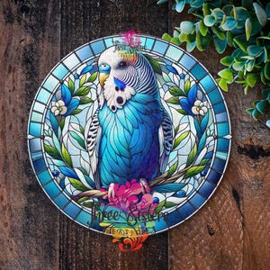Budgie Gift, Budgie sign, Faux Stained Glass Style Metal plaque, outdoor décor Round  Parakeet Wall Art for Home Décor