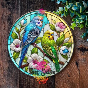 Budgie Gift, Budgies sign,  outdoor décor gift Faux Stained Glass Style Metal plaque,  gifts for Bird lovers