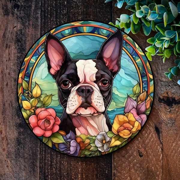 Boston Terrier Dog Gifts, Metal dog sign, Pet Memorial plaque, Dog Wreath signs