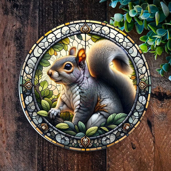 Grey Squirrel Faux stained glass sign, Squirrel gifts, Metal garden art, Nature lover decoration, Squirrel wreath sign