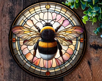 Bumble bee Faux Stained Glass Metal Sign, Bumblebee sign, Garden Décor,  Bee Wreath Sign, Bee wreath