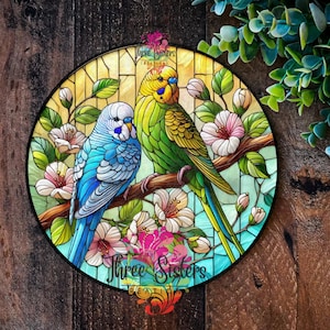 Budgie Gift, Budgies Plaque Gift for Budgie Owners  – Faux Stained‑Glass Style Budgie Wall Art, Indoor/Outdoor Metal Sign,