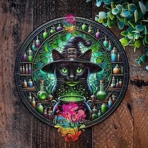 Halloween Cat , Apothecary witches Cat,  Halloween sign, Black Cat, Halloween Wreath Sign, Front door wreath, Happy Halloween