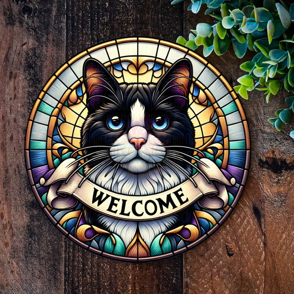 Tuxedo Cat Welcome Sign, FAUX stained glass Cat, Cat Breeder, Pet memorial, Cat owner gifts, metal wreath signs, Cat wreath