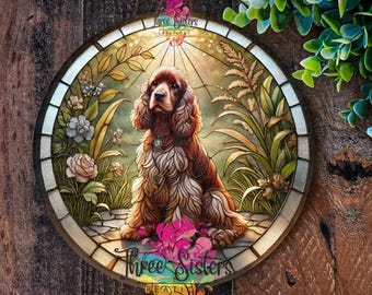Golden Cocker Spaniel Metal Sign, Faux Stained Glass Floral Wreath