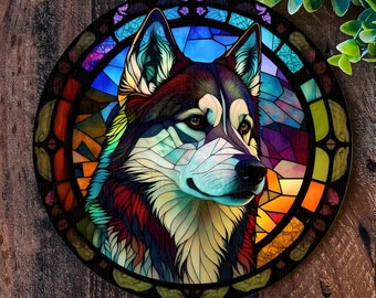 Husky sign, Metal dog plaque, Wreath signs, Faux Stained Glass, Front door wreath