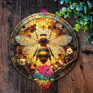 Bee Welcome Sign, Garden Door Plaque, Round Wreath Sign, Faux Stained Glass Decor, Cottage Farmhouse Outdoor Sign
