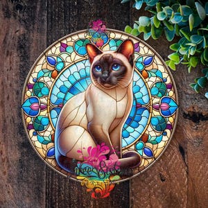 Siamese Cat Sign, Gifts for Cat Lovers, FAUX stained glass Cat, Siamese Cat Décor, Gifts for Cat Lovers, metal wreath signs, Cat wreath