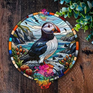 Letrero de frailecillo, regalos costeros de frailecillo, adornos para exteriores y jardín, vitrales de imitación de metal, arte de pared, aves marinas, decoraciones de jardín, decoración del hogar, regalo