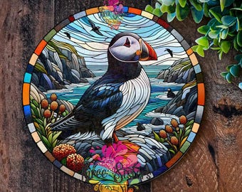 Puffin Zeichen Puffin Küsten Geschenke Outdoor und Garten Ornamente Faux Glasmalerei Metall Wand Kunst Seevogel Gartendekorationen Wohnkultur Geschenk