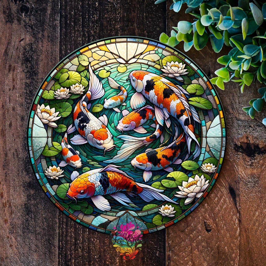 Koi Sign, Garden Ornament, FAUX Stained Glass Garden Art, Japanese ...