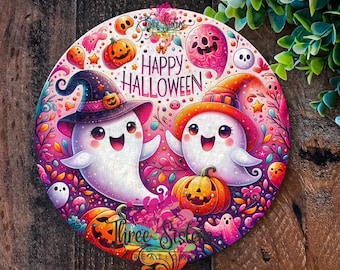 Halloween Pink Ghosts Sign, Cute Spooky Ghost Wall Plaque Decor