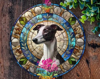 Placa conmemorativa de galgo blanco y negro, letrero de vitral para mascotas, decoración para puerta o jardín para amantes de los perros.