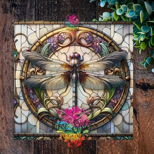 Faux Stained Glass Dragonfly Plaque: Art Nouveau Outdoor Decor