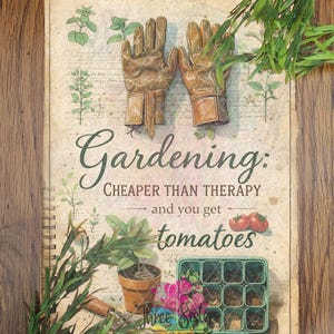 Könnte beinhalten: Ein Spiralnotizbuch mit dem Text "Gärtnern: Günstiger als Therapie und man bekommt Tomaten." Das Bild zeigt Gartenhandschuhe, eine Topfpflanze, eine Saatschale und dekoratives Grün. Das Gesamtthema ist Gärtnern.