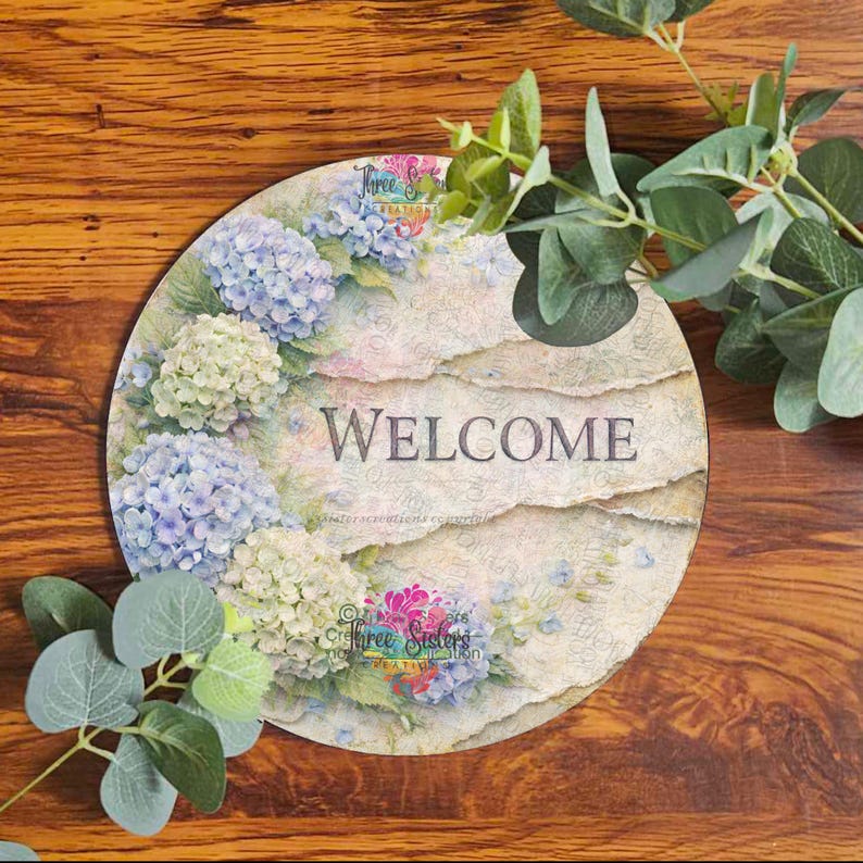 Hydrangea Welcome Sign, Shabby Chic Floral Door Plaque, Cottage Garden ...