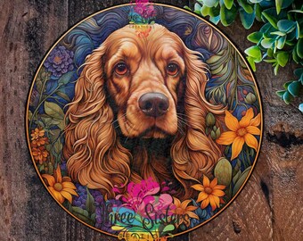 May include: A round, colorful illustration of a brown and gold cocker spaniel dog with a floral background. The dog is looking directly at the viewer. The background features flowers in shades of blue, yellow, and purple.