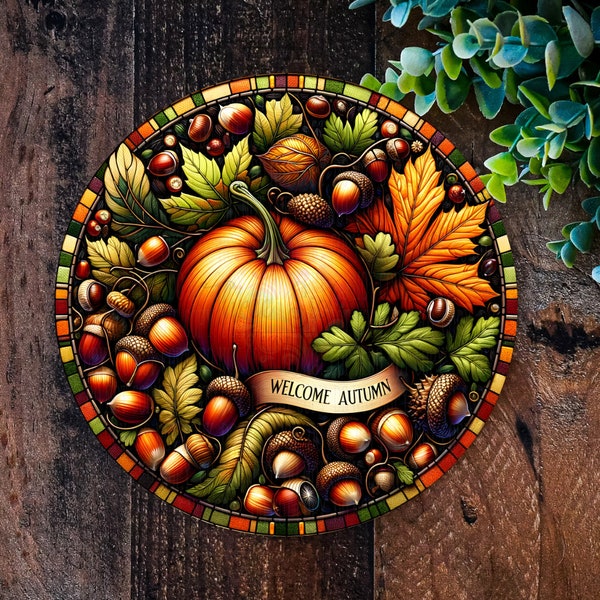 Welcome Autumn Sign, Fall Wreath, Faux Stained Glass, Autumn Door Hanger & Fall Decorations