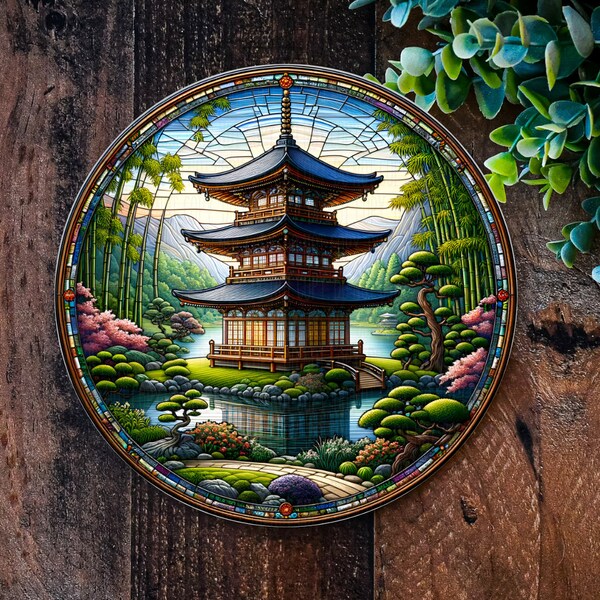 Japanese Pagoda Sign, FAUX stained glass Garden Art, Japanese garden decorations, outdoor metal plaque