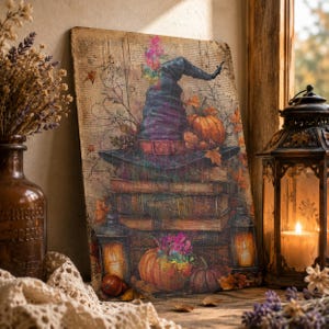 May include: A rectangular wall art print featuring a dark witch hat resting on a stack of vintage books, surrounded by orange pumpkins, autumn leaves, and floral accents. The background displays a faded text pattern with a warm, rustic colour palette.