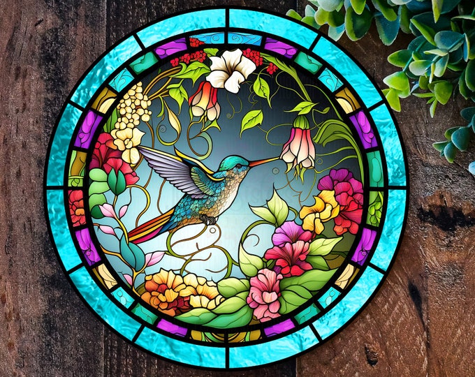 Faux Stained glass Hummingbird  sign, Metal sign, Garden Decorations, Gardening gifts, Faux stained glass wreath sign
