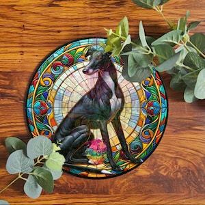 Schwarzes Greyhound-Schild Windhundgeschenke Outdoor und Garten-Metalldekorationen Gartenverzierungen Hunde-Gedenkplakette Faux Buntglas-Hauptdekor Bild 3