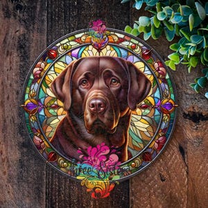 May include: A chocolate brown Labrador Retriever dog with a stained glass background. The dog is looking directly at the viewer with a serious expression. The stained glass background is a circular design with a variety of colours, including red, yellow, blue, and green.