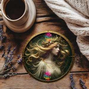 May include: A circular coaster with a gold-coloured rim displays an illustration of a woman with flowing blonde hair and a floral crown. The coaster has a green backdrop and the text "Three Sisters Commons Limited replica AI".