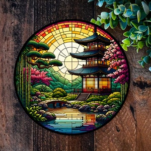 Japanese Garden Art, Pagoda Sign, FAUX stained glass art, Japanese garden decorations, outdoor metal plaque