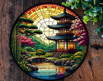 Japanese Garden Art, Pagoda Sign, FAUX stained glass art, Japanese garden decorations, outdoor metal plaque