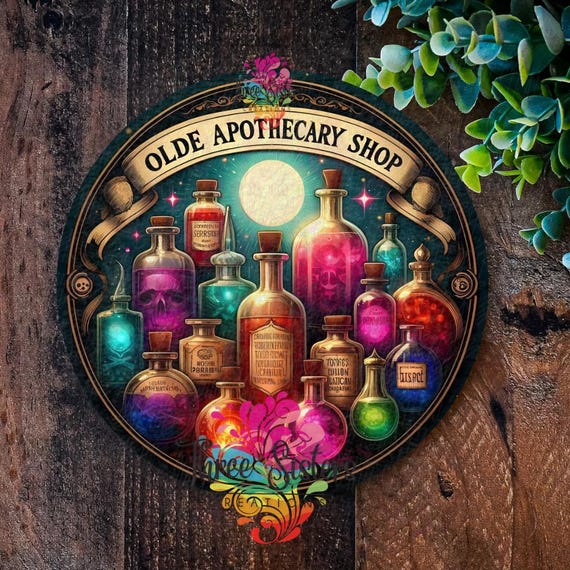 Olde Apothecary Shop Metal Sign: Halloween Potion Bottle Wreath