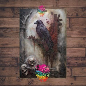 May include: A gothic-style print depicting a black raven on a branch, set against a full moon. The artwork incorporates skulls and a dark colour scheme. The text "Three Sisters Creations" and "Shop Store Creations" are visible.