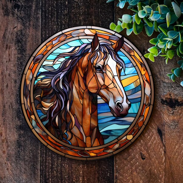 Rustic Metal Horse Sign in Faux Stained Glass Effect: Versatile for Gardens and Wreaths