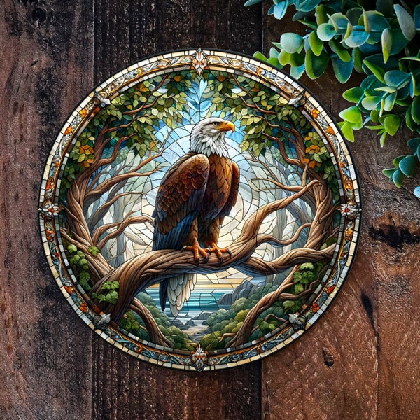 Majestic Eagle Faux Stained Glass Sign, Metal Bird signs, Garden Decorations, Gardening gifts, Faux stained glass