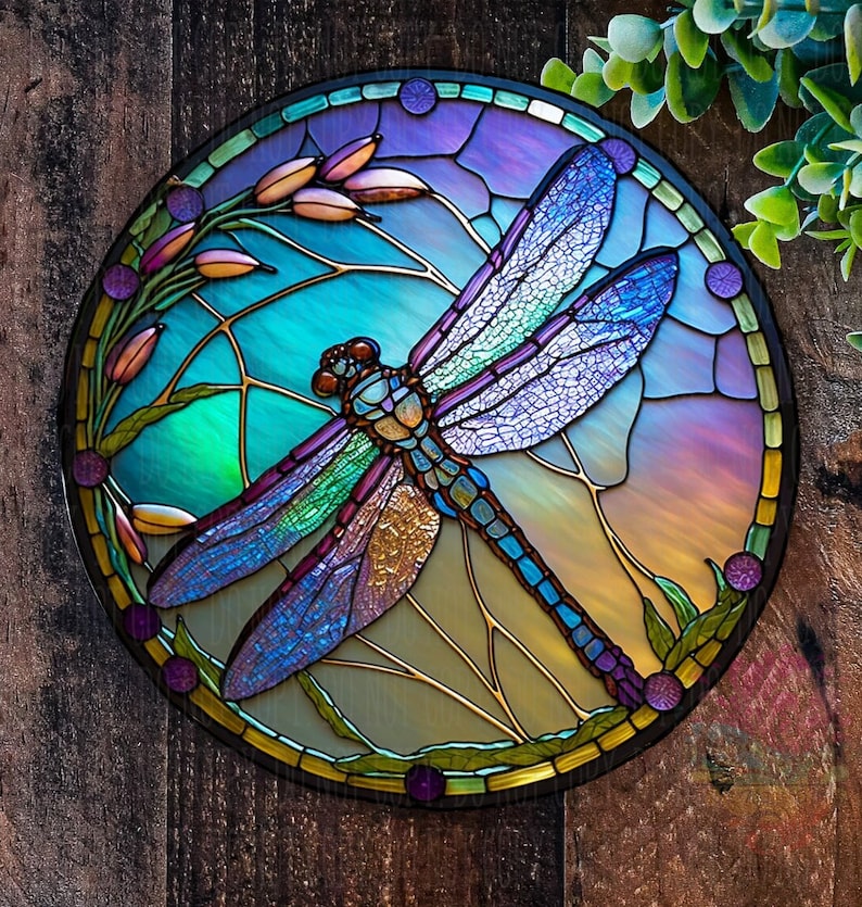 Dragonfly Wreath Sign Faux Stained Glass Sign Metal