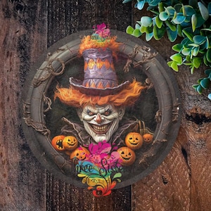 Scary Pumpkin Clown Metal Sign: Creepy Halloween Wreath Decor
