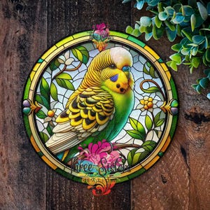 Yellow Budgie sign, Budgie Gift Faux Stained Glass Style Metal Sign, Round Parakeet Wall Art for Home Décor, gifts for Bird Lovers