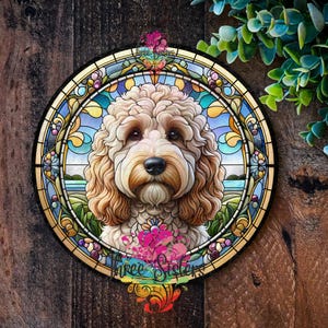 May include: A stained glass style illustration of a cream coloured dog with brown eyes and a brown nose. The dog is surrounded by a colourful stained glass design with flowers and vines.