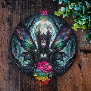 Könnte beinhalten: Eine dunkle Fantasy-Illustration einer Fee mit schillernden Flügeln, einer Dornenkrone und leuchtend blauen Augen. Die Fee ist von einem dunklen Wald und einem Vollmond umgeben.