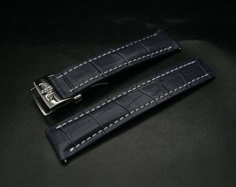 Navy Blue Watch Strap for Breitling Watches - 22/24mm Width, Deployant Clasp