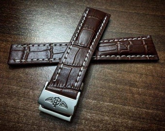 Brown Leather Watch Strap for Breitling Watches - 22/24mm Width, Deployant Clasp