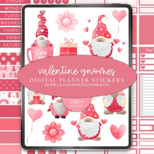 Valentine’s Day Digital Planner Stickers, Gnome Digital Stickers, Precropped Goodnotes Stickers, February, Gnomes, Hearts